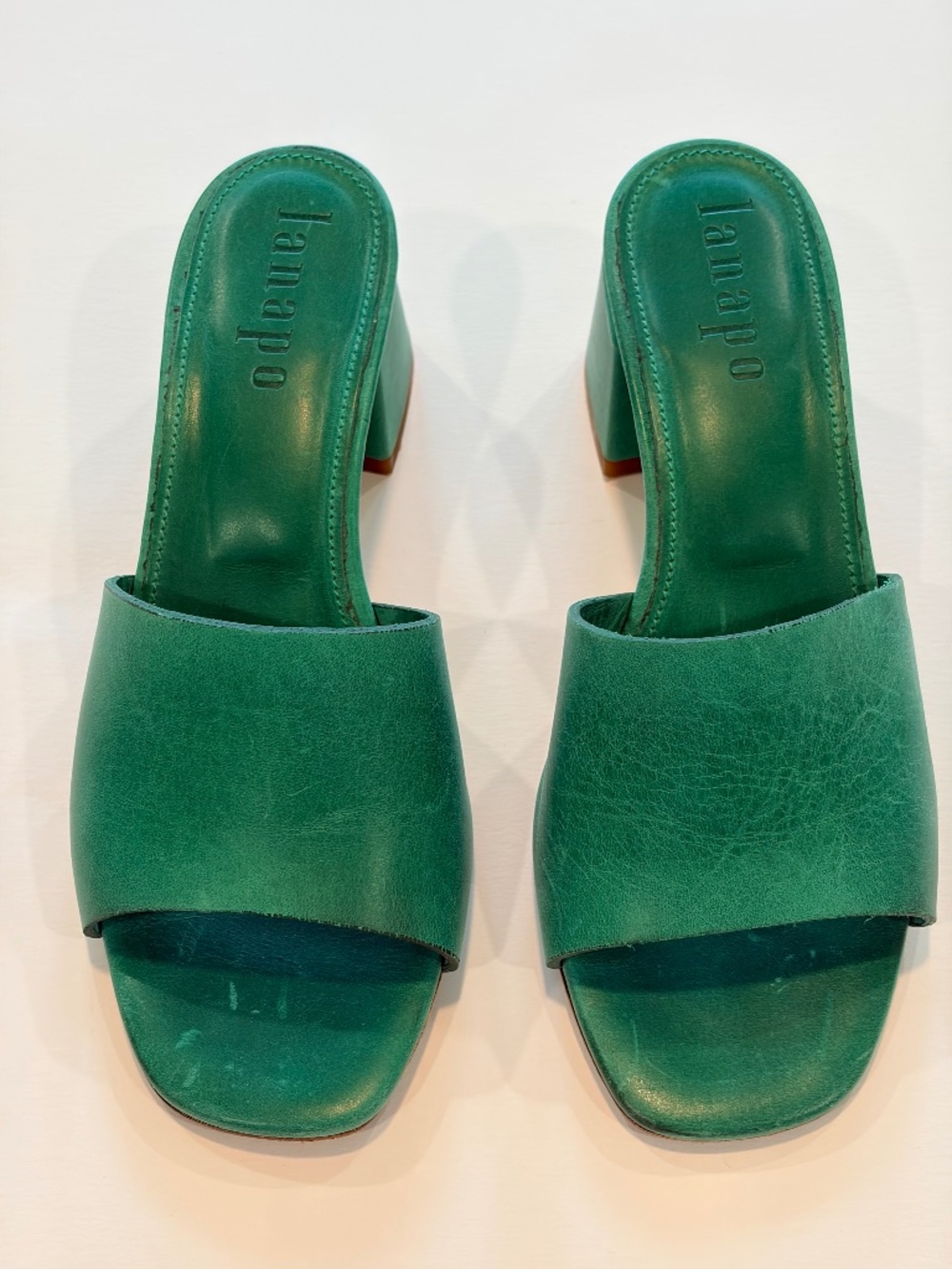 Lanapo Italy Emerald Green Leather Block Heel Slide Sandals Size 35 Amalfi Coast